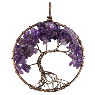 China Religious Tree of Life Amethyst Rose Crystal Necklace Chakra Healing Crystal Pendant Wire Wrapped Pendant Jewelry for sale