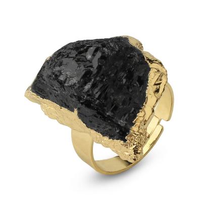 China Adjustable Natural Gemstone Size BOHEMIA Rough Tourmaline Kyanite Black Gemstone Ring for sale