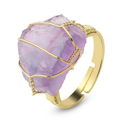 China Fashion BOHEMIA Chakra Healing Natural Rough Gemstone Ring Adjustable Size Gold Wire Wrapped for sale