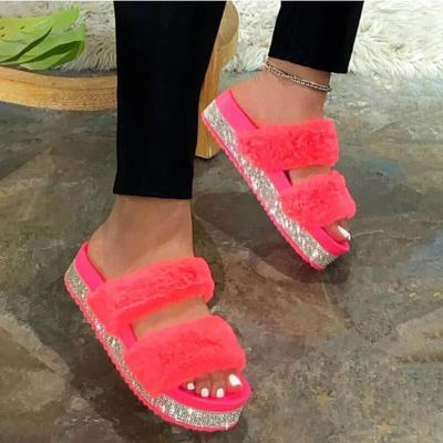 China Cheap Summer Women Slippers Light Faux Stone Fur Home Slides Freeze Diamond Platform Outdoor Ladies Bling Sandals for sale