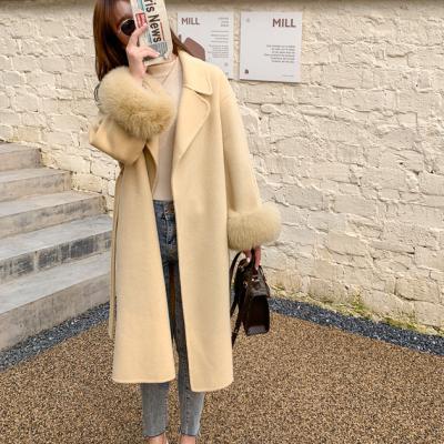 China Winter Breathable Warm Black Wool Double Face Ditch Coat Women's Long Cashmere Spring Coats Fox Fur Collar Woolen Coat for sale