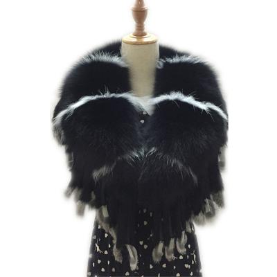 China Anti-Wrinkle Real Fur Woman Detachable Natural Raccoon Fur Collar Shawl For Women With Rabbit Fur Tassel for sale