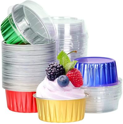 China Sustainable Aluminum Foil Baking Cups With Lids 48pcs 125ml Aluminum Foil Cupcake Liners Cups With Lids, 5oz Disposable Aluminum Foil Baking Cake Cup for sale