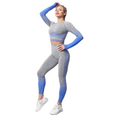 China 2021 New Custom Breathable 2 Piece Long Sleeve Plus Size Ribbed Jogger Activewear Women Seamless Fitness Yoga Set for sale