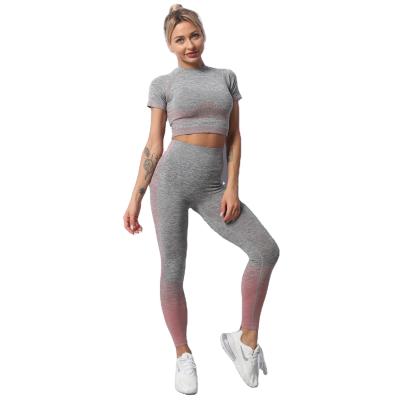 China 2021 New Amazon Breathable Custom Logo Short Sleeve 2 Piece Yoga Set Plus Size Fitness Ribbed Women's Activewear Seamless Yoga Set for sale