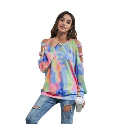 China 2021 Amazon Ebay Hot Selling Anti-wrinkle Sleeve Hollow Shoulder Tie Dye Hoodies Long Sweatshirts For Women 2021 for sale