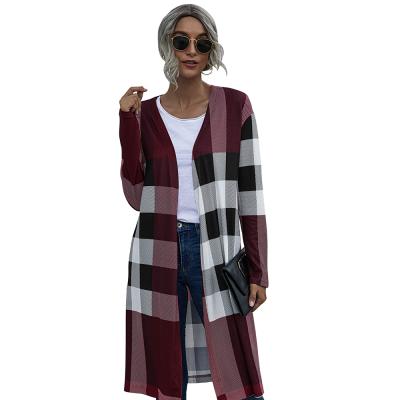 China 2021 Autumn Hot Sale Anti-wrinkle Outwear Amazon Long Plaid Coat Knitting Cardigan For Women for sale