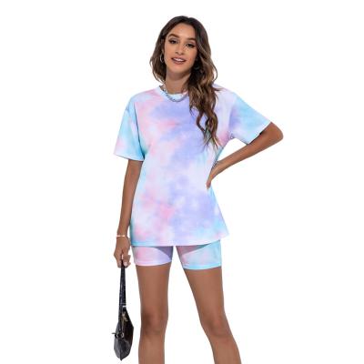 China New Style Sleeve Tie Dye Waterproof Fashionable Casual Outfit Two Piece Shorts Set 2 Piece Women Outfit for sale