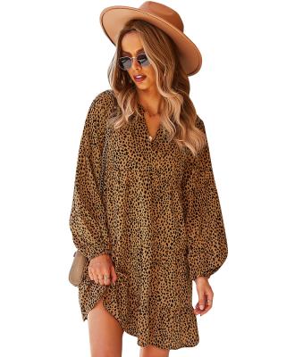 China Factory direct breathable high quality leopard printed loose ruffles long sleeve elegant women dresses for sale