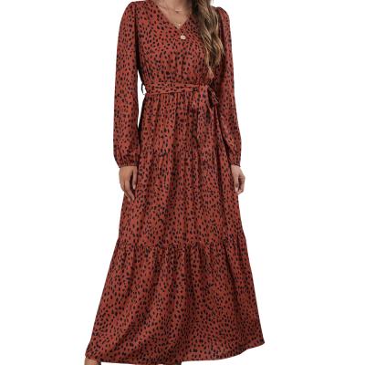 China 2021 Spring And Autumn Hot Sale Amazon Floral Chiffon Breathable Print Lace Long Sleeve V-Neck Slit Dress for sale