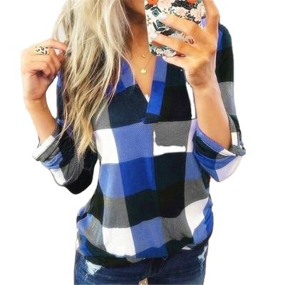 China Anti-pilling new style fashionable women plaid roll sleeve v-neck tunic blouse ladies tops for women for sale