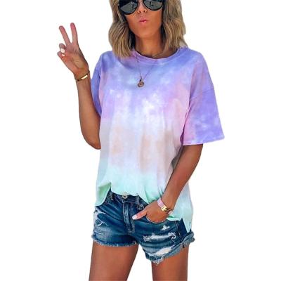 China New Summer Anti-Pilling Wholesale Tie Dye Rainbow Gradient Women's Short Sleeve T-shirt Crop Top for sale