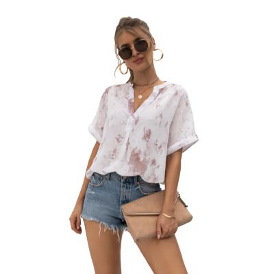 China 2021 Hot Sale Amazon Breathable Summer V-Neck Tie-Dye Print Casual T-shirt Chiffon Shirt for sale