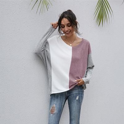 China 2021 Spring and Autumn Hot Sale Patchwork Contrast Amazon Color Long Sleeve Anti-Shrink V-Neck Blouse Tops for sale