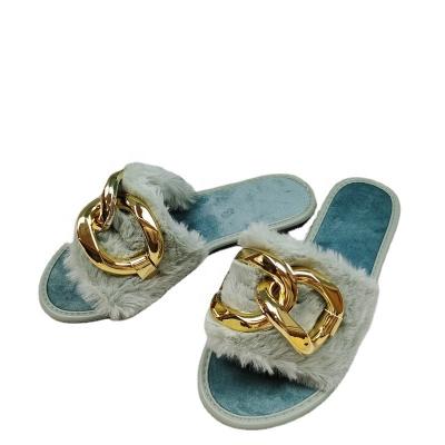 China Fashion Trend Rabbit Fur House Slips Slippers Famous Brand Luxury Outdoor Winter Indoors For Woman Fashion Slippers Gold Chain for sale