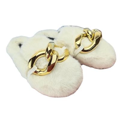 China SP18 Fashion Trend Square Toe Rabbit Fur Gold Chain Mules Slip On Shoes For Women for sale