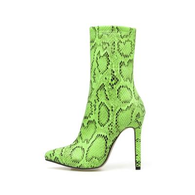 China Roman Boot CSB119 Ameera Thin High Heel Ankle Acute Boot In Green Snake Print Faux Leather Boots For Women And Ladies for sale