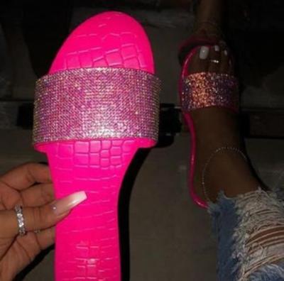 China FS34 Sandals Neon Pink Slides Flats Latest Rhinestones Ladies Sandals for sale