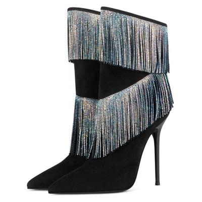 China 2020 Fashion Trend New Ladies Ankle Boots Fashion Toe Rhinestone Boots Suede Stiletto Pointed Toe Sexy Shoes for sale