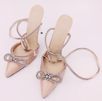 China jf020 bling bling pink rhinestones women pumps open heel shoes bow mules ladies diamante heels for sale