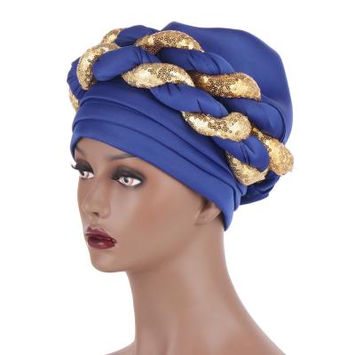 China Sequined Braid Muslim Hat Layer Polyester Space Twist Headwear African Tank Top Knit Fashion Exaggerated Ball Designer Turban Hat for sale