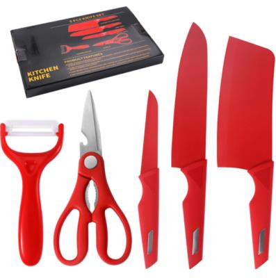 China Gift Color Box Red Sharp Handle 30Cr13 Stainless Steel Knives 5Pcs Disposable Plastic Kitchen Knife Sets for sale