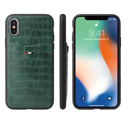 China Fierre Shann Crocodile Pattern Dirt-resistant Luxury PU Leather Phone Case For iPhone X Card Holder Case for sale