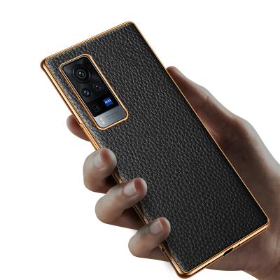 China hot sale business style Soft TPU Anti-fall back cover real leather case for VIVO X60 pro plus electroplate cover case for sale