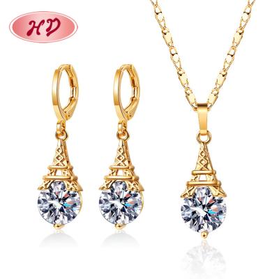 China New Arrival FASHION Complete Eiffel Tower Shiny CZ Tasty Diamond Earrings Pendant Necklace Sets Jewelry Sets 18k Plated for sale