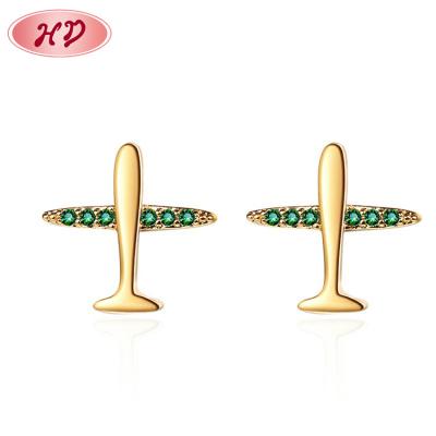 China 2021 FASHIONABLE aretes de mujer Gold Plated Cute Small Zircon Coated Brass Airplane CZ Jewelry Ear Stud Earrings For Women Girls Kids for sale