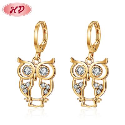 China Amazon Fashion Gold Owl Dangle Earrings 18k Gold Drop Earrings Wholesale Cute FASHIONABLE New Design Allergy Free 3A Zircon for sale