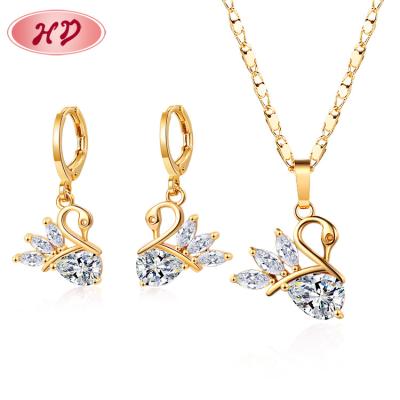 China Stylish Design 18k Gold Plated CZ Diamond Earring Necklace FASHIONABLE New Arrival Beautiful Swan And Drop Earring Sets For Women for sale