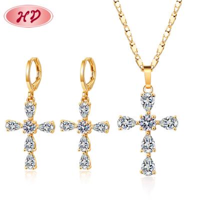 China Factory Supply TRENDY 18k Gold Cross Necklace And Drop Earring Sets AAA Brass Zirconia Jewelry for sale