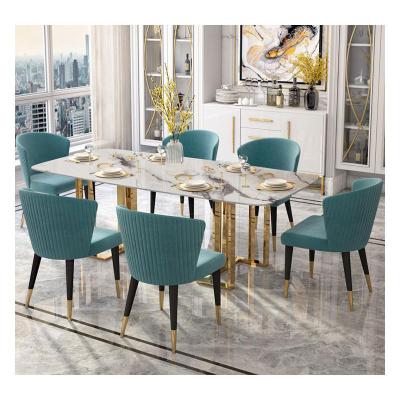 China Luxury Fashion Designs Dining Table With Chairs Restaurant Furniture Stainless Steel Gold Legs Marble Top Dining Table Set for sale