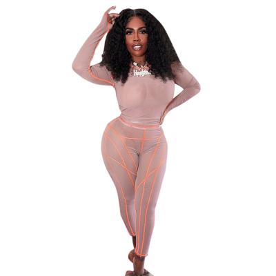 China 2021sexy Anti-wrinkle club night rawing couture line transparent see through blouse pants top clothing 2 piece set for sale