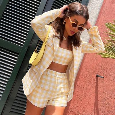 China 2021 Anti-wrinkle fall autuom yellow white tartan 2 pockets long sleeve v neck women's suits 3 pcs top short set outfits for women for sale