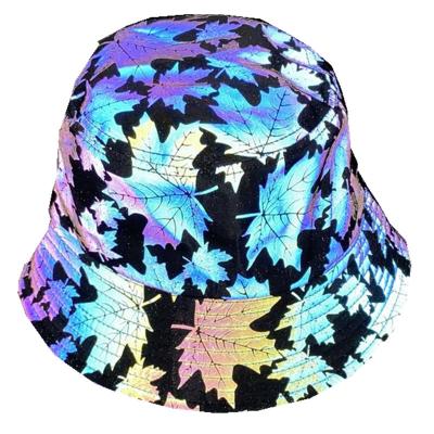 China 2021 Casual Designer Rainbow Glow in the Dark Reflective Custom Fisherman Bucket Hats Custom Maple Leaf Logo for sale