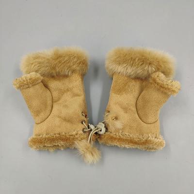 China Simply 2021 real rex fall 16*10 winter fluffy rabbit fur fingerless fur gloves for women with rope for sale