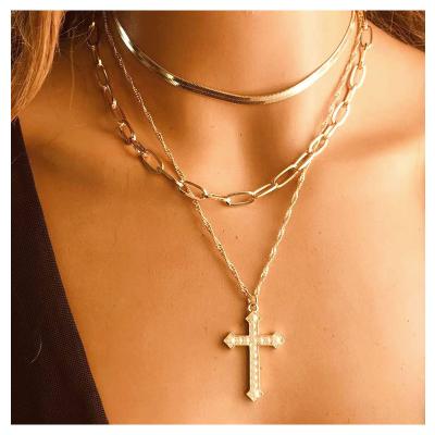 China 2021 Fashionable Wholesale Multilayer Necklace Multilayer Necklace Wholesale New Arrival Gold Color Alloy Cross Statement Necklace Pendants for sale