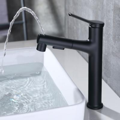 China Pull Out Brass Basin Faucets Long Neck Single Spray Bathroom Faucet Soft Black Black Instant Hot Water Faucet for sale