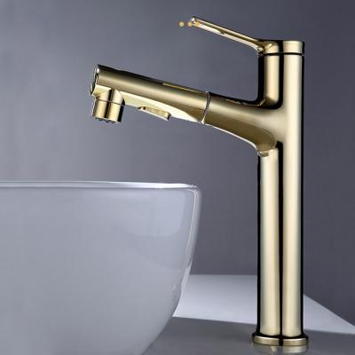 China Pull out spray Grifos dorados multi function mixer high neck water faucet gold bathroom pull out water saving faucet for sale