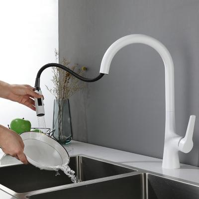 China Pull Out Jet Grifo Lavabo Blancos Gooseneck Kitchen Sink White Faucet Pull Out 2 Modes Rotatable Adjustable Kitchen Faucets for sale