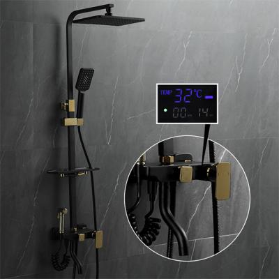 China With Sliding Bar Temperature Display Black And Gold Shower Faucet Set Rain Wall Mount 4 Function Shower Set Luxury Shower for sale