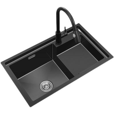 China Latest Modern Black Luxury Double Bowl Kitchen Sink Stainless Steel Nano Stepped Deep Under Mount Sink for sale