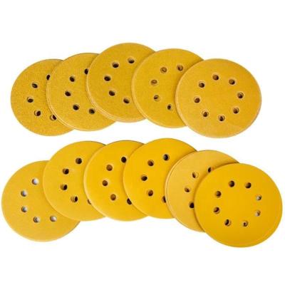 China High Performance Long Life Orbital Sander Sandpaper Hook And Loop 8 Holes Gold 5 Inch Sanding Discs for sale