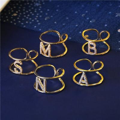 China 2020 A-Z TRENDY Fashion 14k Gold Plated 26 Letters Crystal Initials Ring For Girls for sale