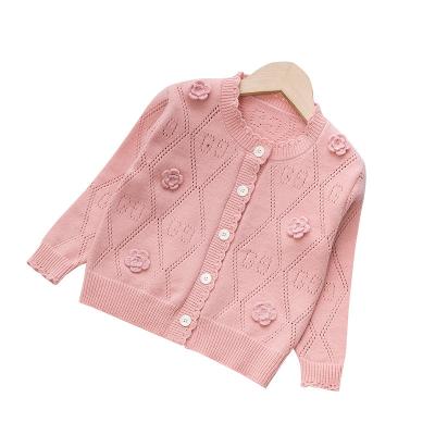 China Autumn Winter Solid Color Sweater Neck Embroidery Cute Children's Unisex Clothing Round Lace Design Cavity Anti-wrinkle Cardigan for sale