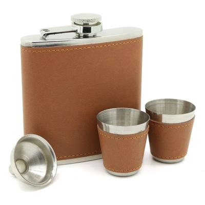 China Modern PU Cover 6oz Leather Hip Flask With Cups Set With 2pcs Cups And 1pcs Funnel Leather Hip Flask Gift Set for sale