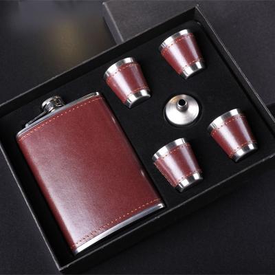 China OEM 8OZ Brown Leather PU Stainless Steel Hip Flask Drinking Gift Set With 4pcs Shot Glass 1pcs Funnel for sale