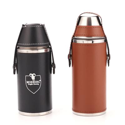 China Modern high quality luxury hip stainless steel 6oz leather flask with two tumbler vodka wholesale whiskey bottle for sale